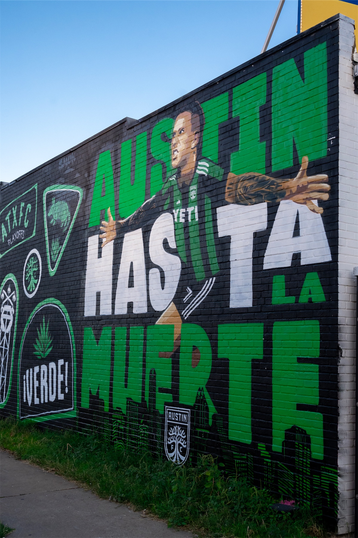 A close-up of the Austin FC mural focusing on Sebastian Driussi