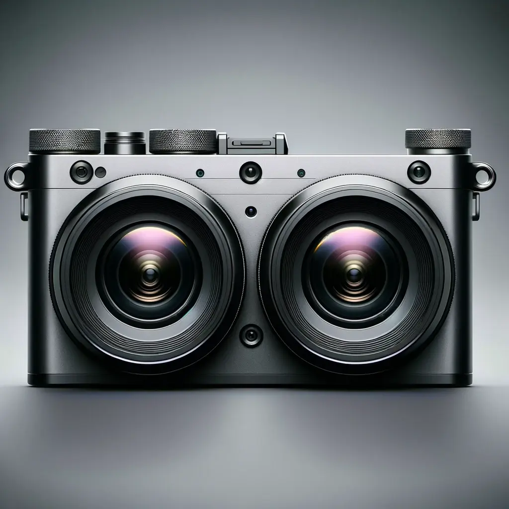 An AI generated image of a modern digital camera with two lenses on the front